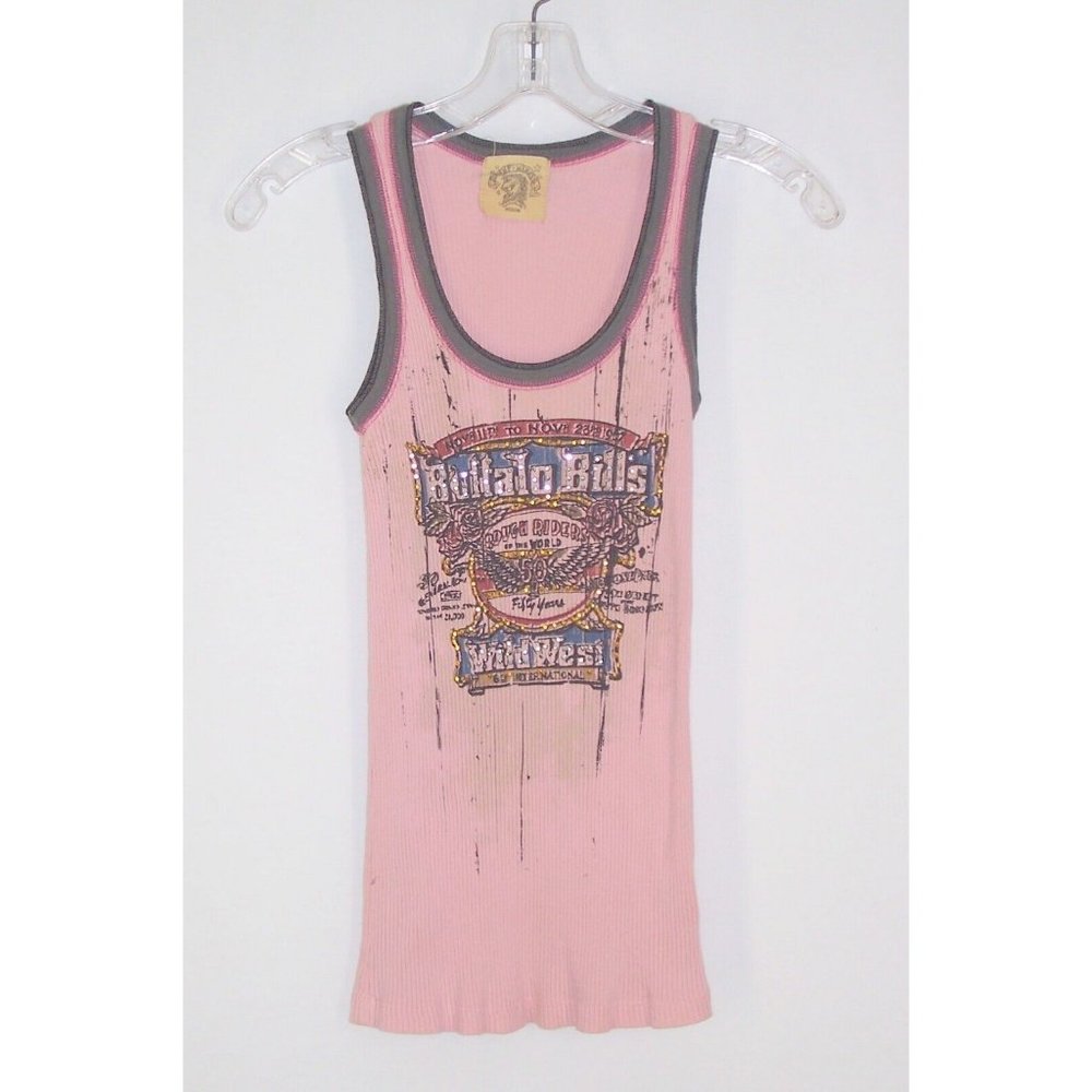 Skinny Minnie Tank Top M Buffalo Bills Rough Riders Pink Ribbed Dirty Wash - Picture 2 of 6